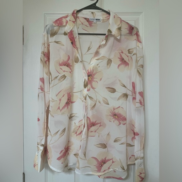 Sheer Floral Shirt - Ivory/Combo - Size Large - Picture 6 of 11